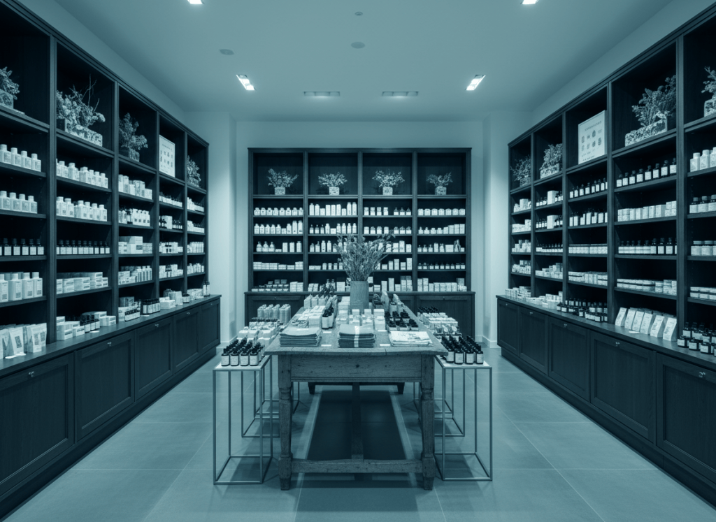 A professional photograph of a well-stocked French retail store interior with organized shelves of products, muted navy blue and teal color grading, clean editorial business photography style, no visible text or logos