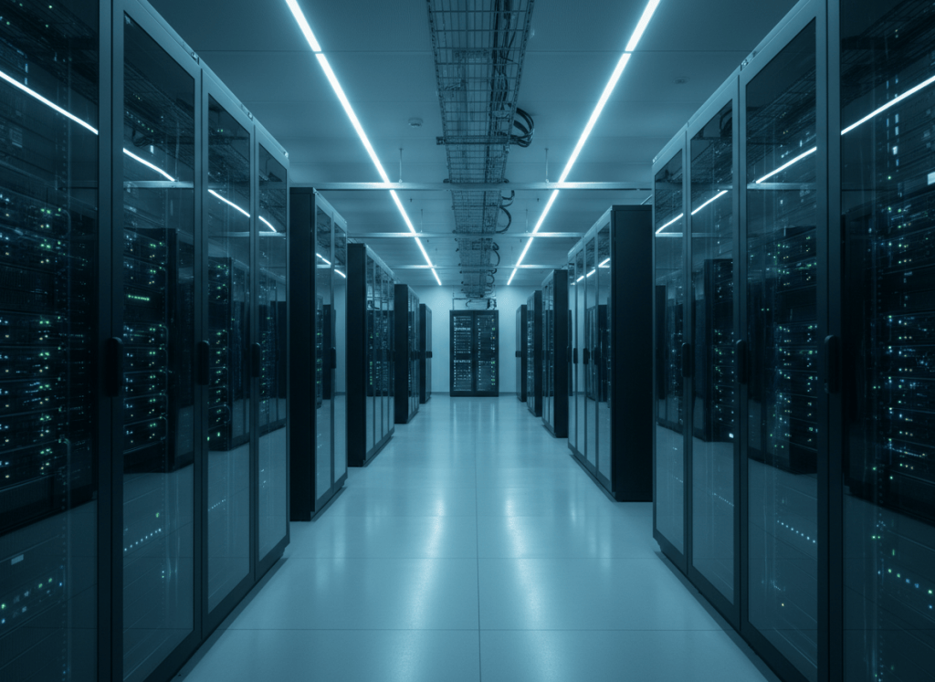 A professional photograph of a modern data center or server room with soft blue lighting, representing digital technology infrastructure, muted navy and teal color grading, clean editorial business photography style, no visible text or logos