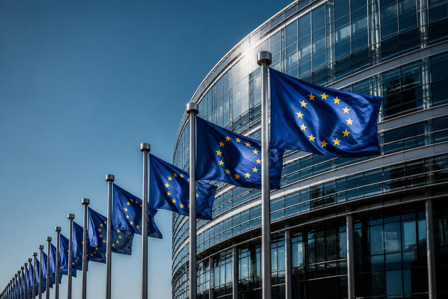 European flags in front of an institutional building