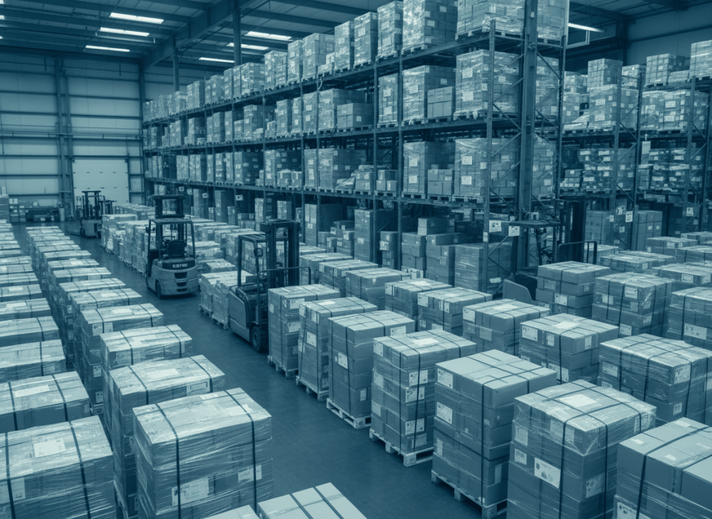 A professional photograph of a logistics warehouse with parcels and boxes ready for European cross-border e-commerce shipping, muted navy blue and teal color grading, clean industrial setting, editorial business photography, no visible text or logos