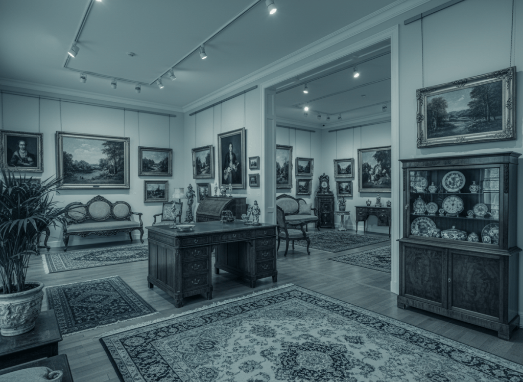 A professional photograph of an elegant antique and art gallery interior with paintings and vintage furniture displayed for sale, muted navy blue and teal color grading, soft lighting, editorial business photography style, no visible text or logos